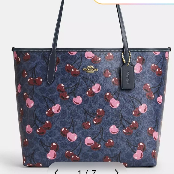 Coach Signature In Denim Cherry Large City Tote NWT